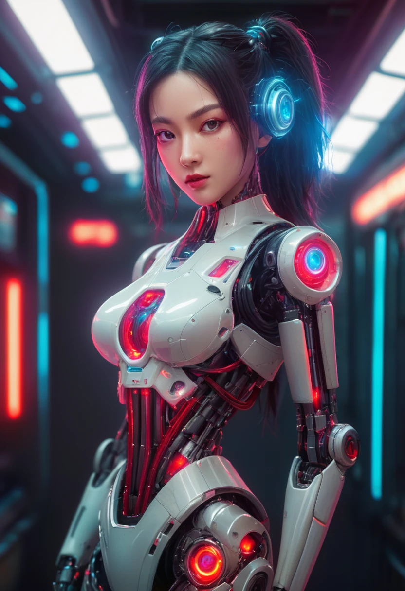 xxmixgirl. Highly detailed professional 35mm film, bokeh, face in sharp focus. A robotic female, Miku, with ((metal skin)), ((perfect Asian eyes)) with magenta irises and ((black pupils)), beautiful serious (detailed face), 18 year old ((photorealistic face)), very long magenta twin tails of magenta hair, twin black hair ties with a single red stripe. She may have a black audio headpiece. We can see her ((full body)) down to her boot soles. Her outfit is a sleeveless collared light grey shirt, outlined in red around the frilled collar and hems. Shiny reflective ((metallic breast cups, dimpleless)), invisible nipples. She wears black sleeves with red hems that start around her upper arm and bellow out as the sleeves open and extend to her wrists, with wide trumpet red rimmed cuffs. She has perfect robotic (detailed hands). She wears a red colored tie with two horizontal solid parallel black lines halfway across. She wears a fabric black skirt with a horizontal red hem at the bottom all the way around; her (((black skirt wraps around her))) and ((her skirt completely covers)) her robotic waist and thighs. Tall black boots with red bottom soles, a red rim around the top at her thighs. Her mechanical shoulder joints are visible. We can see her robotic legs and robotic neck. Half of her is covered with shiny polished machinery. The background is a distant dark neon futuristic Japanese city, gold, cyan, violet neon, near harbor or mountains.