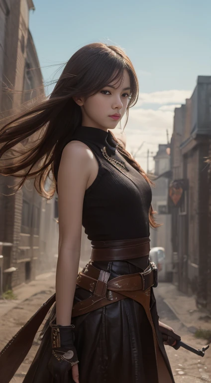 Tabletop, Highest quality, figure, Very detailed, In detail, High resolution, 8k wallpaper, Perfect dynamic composition, Beautiful attention to detail, Women&#39;s fashion🍂,Medium Wavy Hair,、Natural color lip, Bold sexy pose,smile,Harajuku、20-year-old girl、cute、sexy shot looking at camera, outside