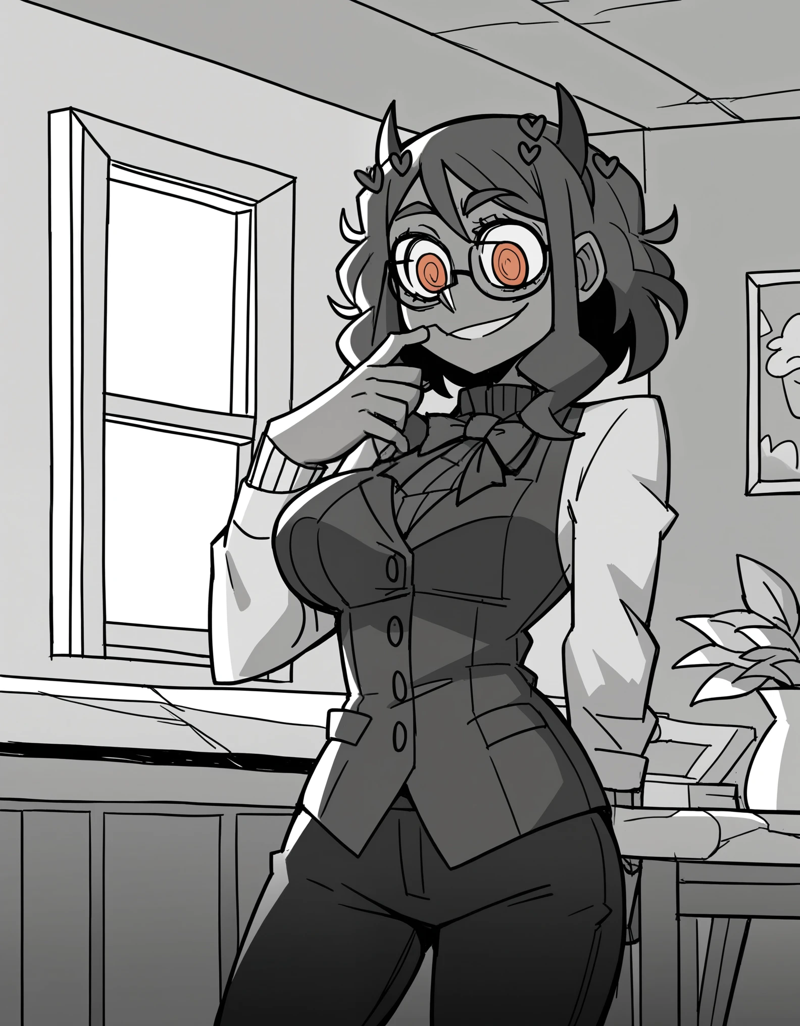 zPDXL, score_9, score_8_up, score_7_up, source_anime, 8k, absurdres,
1girl, solo, vanitaker, modeus \(helltaker\), Black pants, black and white checkered blouse, black hair with red tips, dark skin, orange eyes, black glasses, standing inside his house, smiling