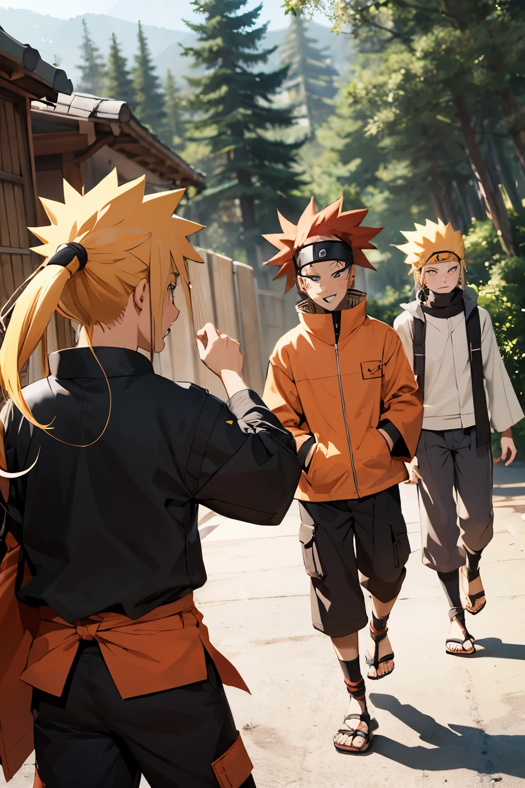 We are(Naruto's best friend) short spiked brown hair with his trademark monk clothes, he is using his signature move, namely sand coming out of his jug bag., is fighting with a demon figure, he looks very angry eyes red, His energy aura looks blue and yellow, he was in an old city that had been destroyed by fire by a demon