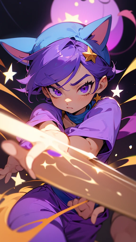 toddler, estilo chivi, with purple hair, cat hat with a star in the middle, light brown skin, purple eyes, long eyelashes, animated style, aladdin style clothing, star powers, like Sandy from Brawlstars, be anime style, let it be a boy, adorable , He looks good like a girl but he's a boy