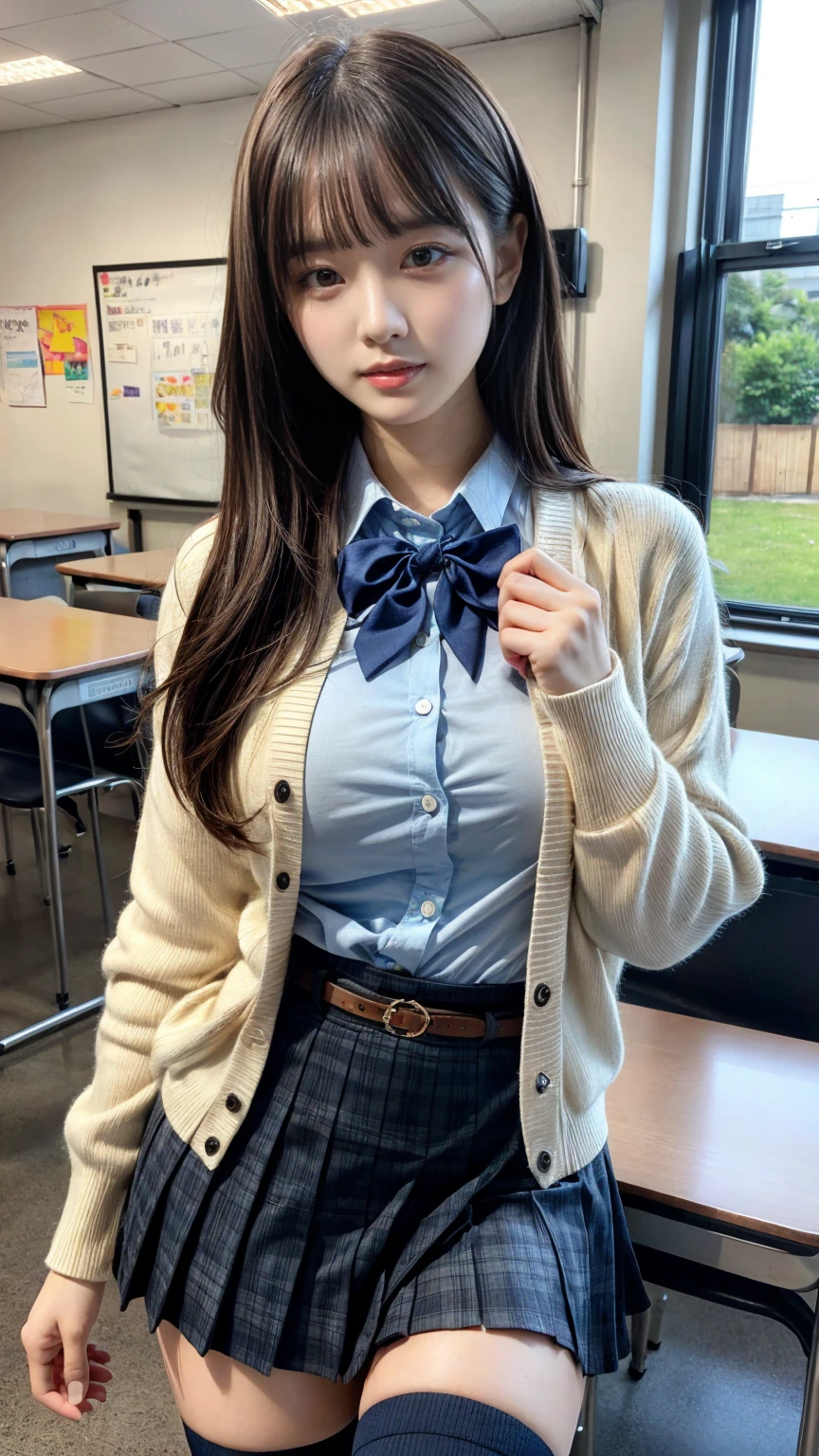 masterpiece, best quality, illustration, Super detailed, fine details, High resolution, 8K,wall paper, perfect dynamic composition,(Details High quality, realistic depiction of eyes:1.3), High School Classroom、High school girl uniform、Cardigan、Super Short Check Uniform Skirt、Navy blue high socks、garterbelts、Colossal tits、Disturbed uniform、, black hair color, Big Natural Color Lip, bold sexy pose, (perfect body shape), crying a little、Harajuku style、20 year old girl、cute type, beautiful legs, hposing Gravure Idol, Voluptuous thighs