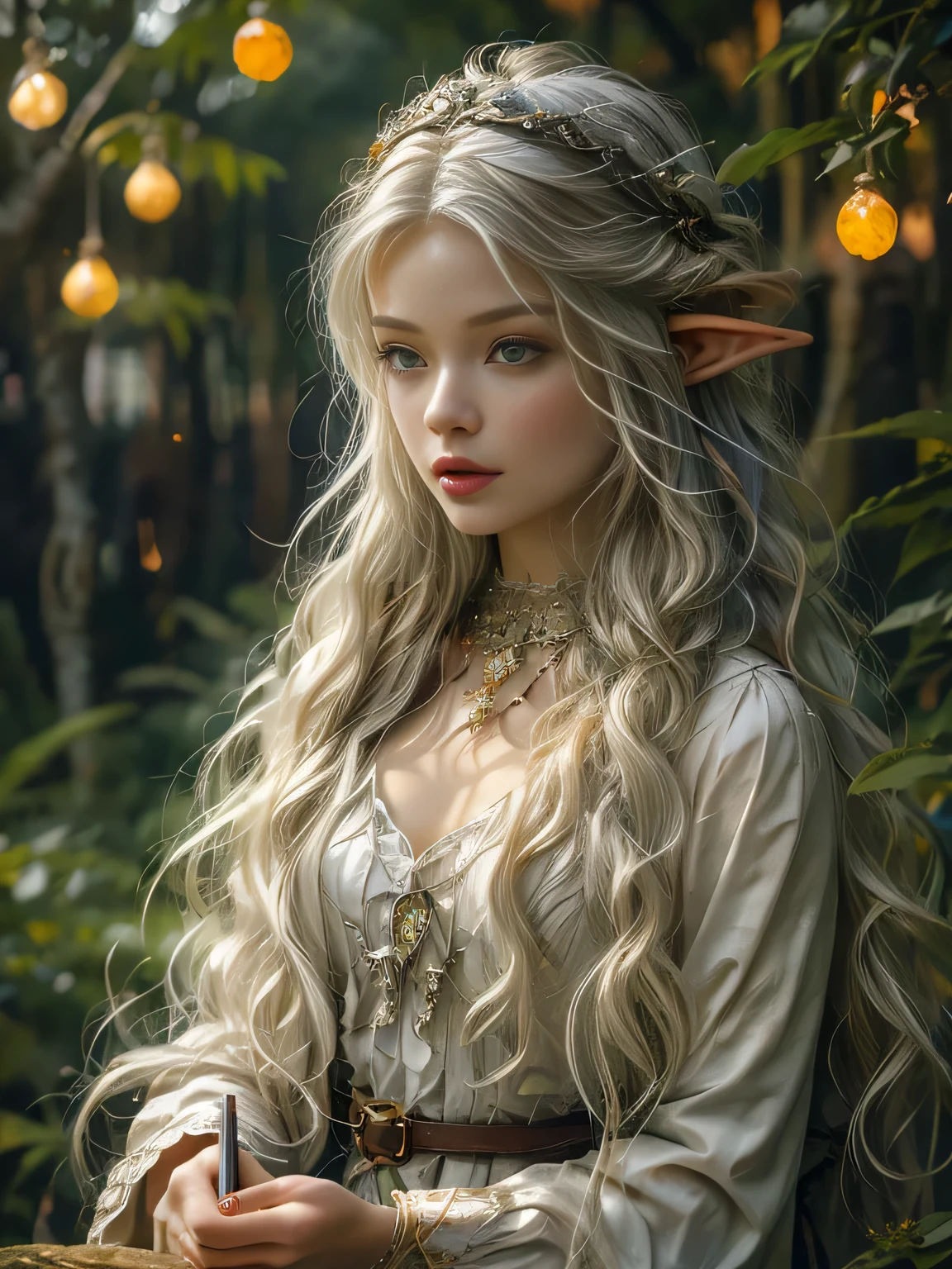 (masterpiece, best quality: 1.2), 1 elf girl solo, beautiful, expressive face, fair skin, clear crystal clear eyes, long white hair, a silver elven crown on her head, detailed and intricate jewelry, light robes details en fois silver, fairy tale, magical, fantastic, enchanting, on a dry tree trunk as a table, writing an elven storybook, a forest with varied flowers, small fadis flying above, splashes of colored lights in the air, 8k.HDR, highly detailed.