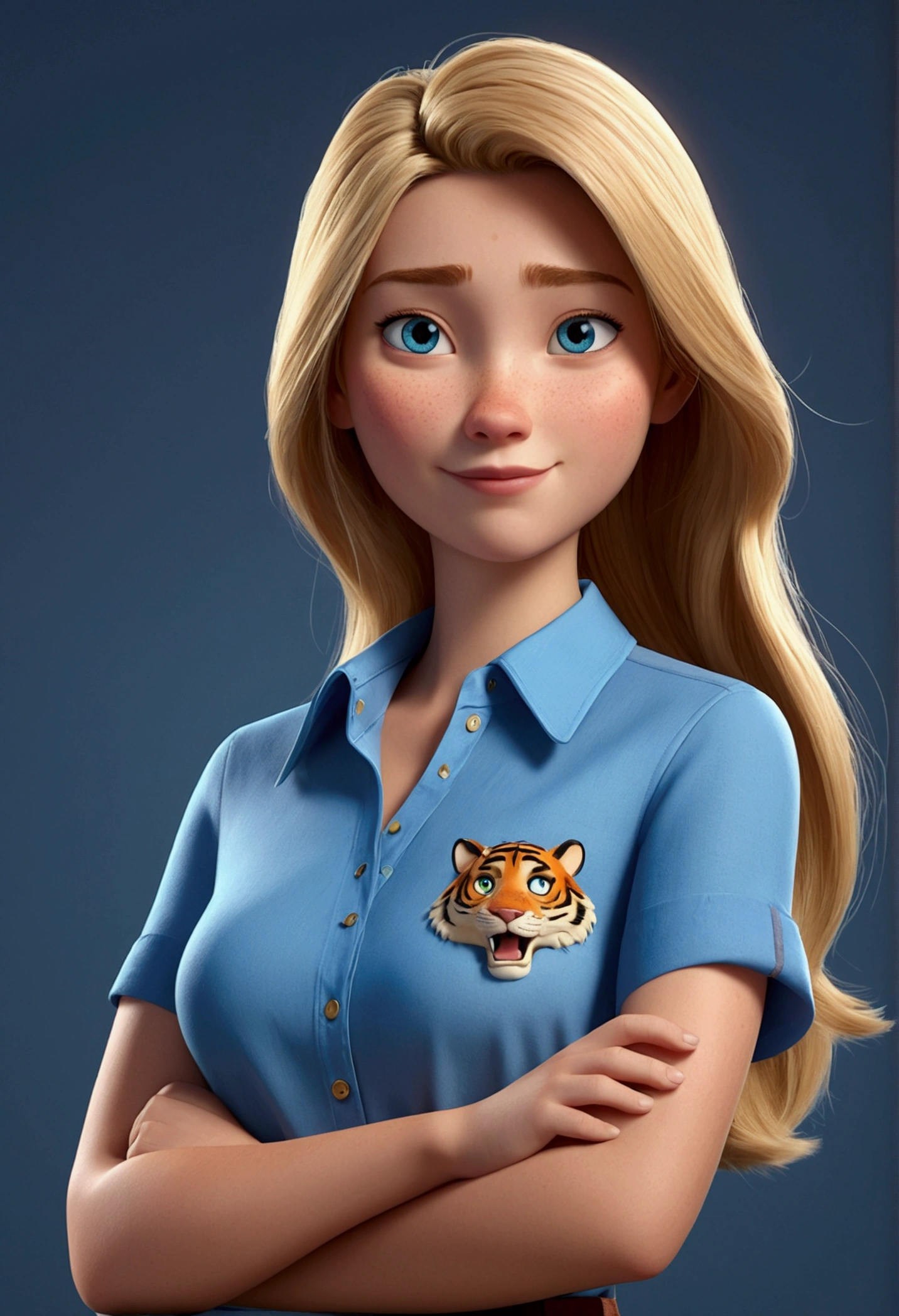 pixar Cartoon character of a woman with round face long straight hair blonde and blue short sleeve blouse , with a little tiger on his side, an animated character, stylized character, animation style rendering, 3d