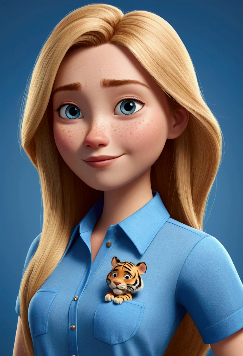 pixar Cartoon character of a woman with round face long straight hair blonde and blue short sleeve blouse , with a little tiger on his side, an animated character, stylized character, animation style rendering, 3d