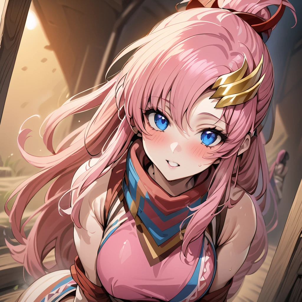 ((Highest quality)), ((masterpiece)), (detailed), (Perfect Face)、The woman is Lacus Clyne, with blue eyes, medium-long pink hair, a hair accessory, and is an indigenous African tribe woman wearing the tribal clothing of the Xuanshun people.