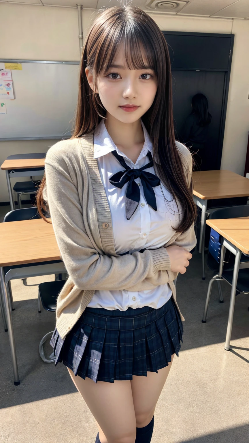 masterpiece, best quality, illustration, Super detailed, fine details, High resolution, 8K,wall paper, perfect dynamic composition,(Details High quality, realistic depiction of eyes:1.3), High School Classroom、High school girl uniform、Cardigan、Super Short Check Uniform Skirt、Navy blue high socks、garterbelts、Colossal tits、Disturbed uniform、, black hair color, Big Natural Color Lip, bold sexy pose, (perfect body shape), crying a little、Harajuku style、20 year old girl、cute type, beautiful legs, hposing Gravure Idol, Voluptuous thighs