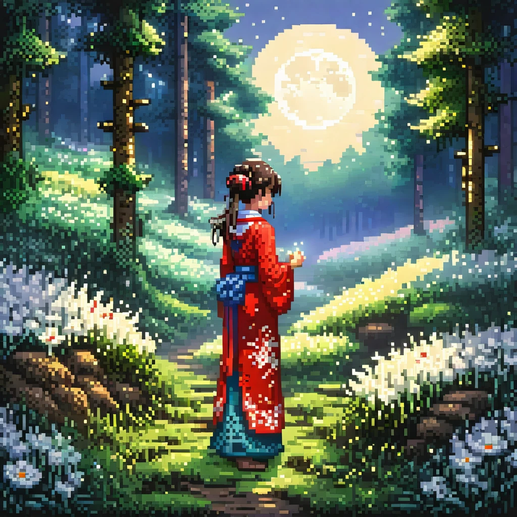 A shrine maiden praying in the middle of a moonlit flower field in the forest in a pixel art style, detailed , best quality, masterpiece, ultra intricate detailed, high detailsone