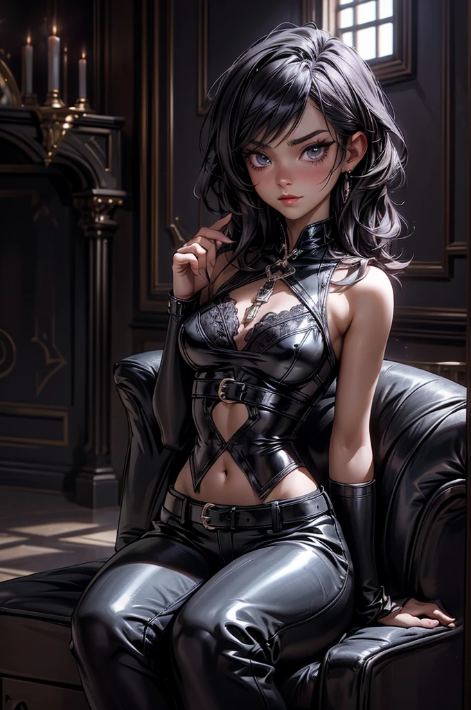 BDSM, In her right hand she is holding a BDSM whip, Disappointed look, Sexy look, Fascinating表情の詳細: 1.4): 0.4], 16K resolution, 4K resolution, (Perfect flat stomach), (Color images), break I. Outfigant, Fascinating, fitted latex corset, Tight latex pants, spouse, fall back, Deep neckline, A belt decorated with mystical symbols, High heel boots, Black and Silver Jewelry. Ⅱ. venue: Gothic castle, Dark and mysterious atmosphere, Dim lighting with chandeliers, A library filled with old magic books, A mirror bordered with magical motifs, Scented candles, Mysterious fog floating in the air. ⅡI. Decoration: Gothic atmosphere, Dim lighting with purple and blue lights, Sleek furniture with black and silver accents, Black velvet curtains, Mirror decorated with magical motifs, Lavender scented candles, break, View your viewers, masterpiece, Highest quality, Very detailed, desire, blush, (Beautifully detailed eye depiction), (Beautiful and elaborate face), Perfect female body, (Highest quality), (Ultra-detailed), (Masseter muscle area), (High resolution), (original), (Very detailed CG Unity 8K 壁紙