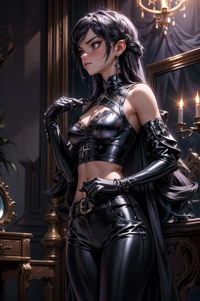 BDSM, In her right hand she is holding a BDSM whip, Disappointed look, Sexy look, Fascinating表情の詳細: 1.4): 0.4], 16K resolution, 4K resolution, (Perfect flat stomach), (Color images), break I. Outfigant, Fascinating, fitted latex corset, Tight latex pants, spouse, fall back, Deep neckline, A belt decorated with mystical symbols, High heel boots, Black and Silver Jewelry. Ⅱ. venue: Gothic castle, Dark and mysterious atmosphere, Dim lighting with chandeliers, A library filled with old magic books, A mirror bordered with magical motifs, Scented candles, Mysterious fog floating in the air. ⅡI. Decoration: Gothic atmosphere, Dim lighting with purple and blue lights, Sleek furniture with black and silver accents, Black velvet curtains, Mirror decorated with magical motifs, Lavender scented candles, break, View your viewers, masterpiece, Highest quality, Very detailed, desire, blush, (Beautifully detailed eye depiction), (Beautiful and elaborate face), Perfect female body, (Highest quality), (Ultra-detailed), (Masseter muscle area), (High resolution), (original), (Very detailed CG Unity 8K 壁紙