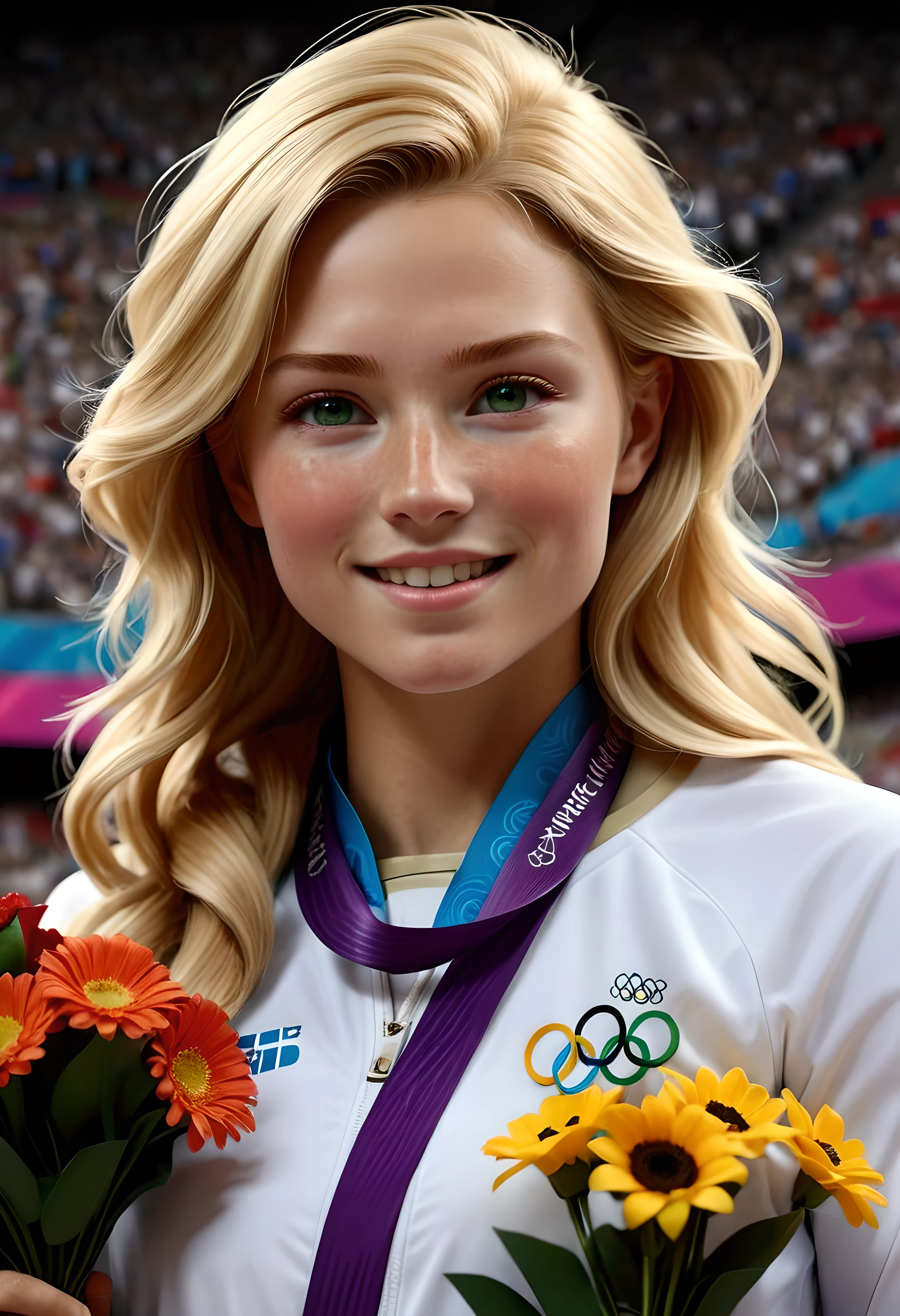 Create a high-definition image of Olympic female athletes standing on a podium, receiving medals and flower bouquets with an Olympic background aesthetic. | Visualize the athletes with supermodel beauty, all having blonde hair and cute freckles. They have expressive green eyes and joyful, proud expressions. They are dressed in their respective country’s athletic uniforms, each adorned with their national colors and symbols. Their attire is neat and professional, reflecting their dedication and hard work. | The scene is set in an Olympic stadium with a vibrant and energetic atmosphere. The background features the iconic Olympic rings, banners, and a cheering crowd. The podium is well-lit, with each step clearly marked for the gold, silver, and bronze medalists. | Capture the athletes in a celebratory pose, with medals being placed around their necks and holding their flower bouquets. Their expressions should convey a mix of joy, pride, and accomplishment. The camera angle should highlight their full bodies, showcasing the details of their uniforms and their triumphant presence. | The overall ambiance should be festive and grand, with a focus on the athletes’ achievements and the celebratory nature of the event. Ensure anatomical correctness, with detailed textures and high-quality rendering, capturing every nuance of the athletes' appearances and the Olympic setting. | Keywords: (Olympic female athletes), (supermodel beauty), (blonde hair), (cute freckles), (medal ceremony), (flower bouquets), (Olympic stadium), (celebratory pose).