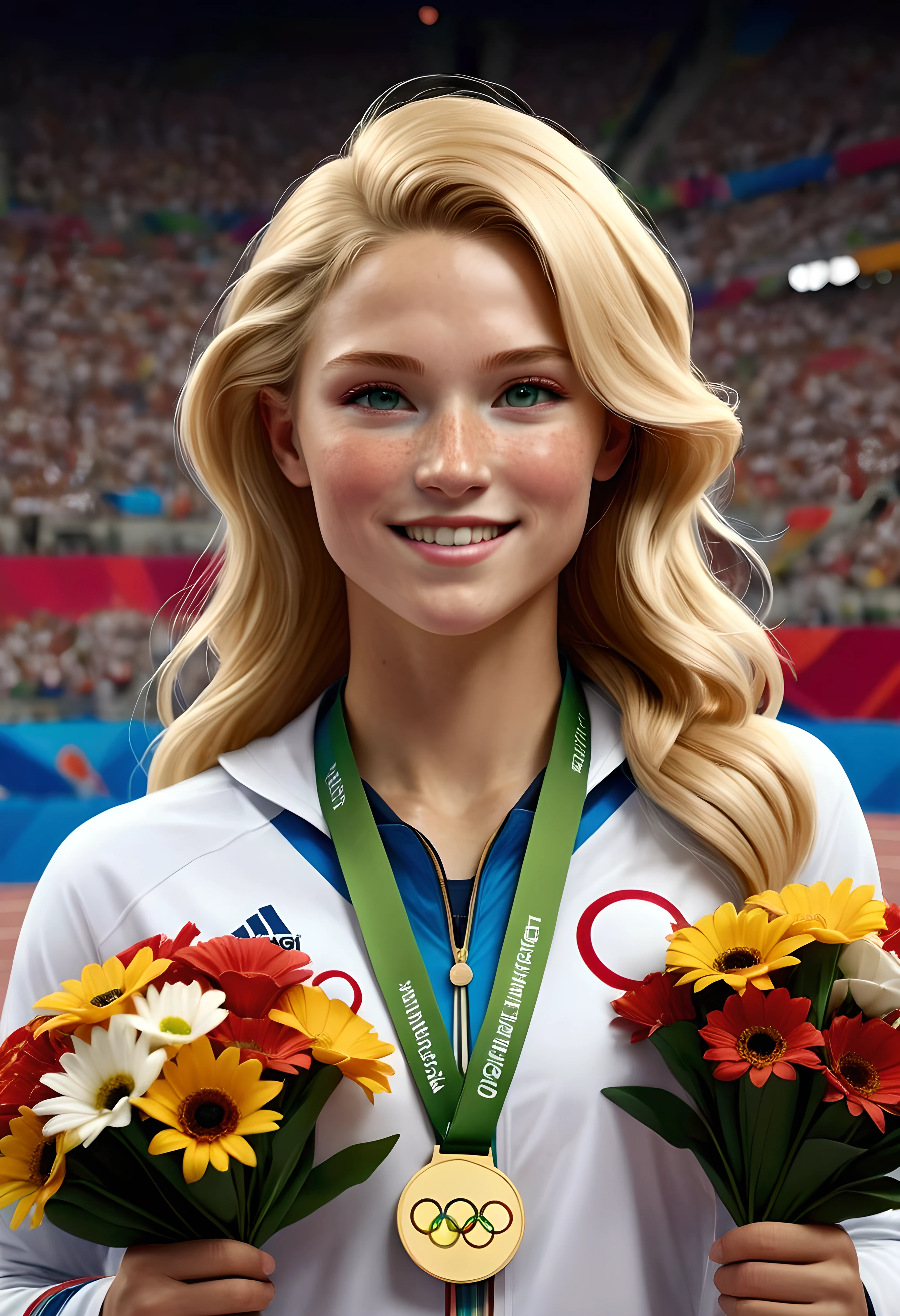 Create a high-definition image of Olympic female athletes standing on a podium, receiving medals and flower bouquets with an Olympic background aesthetic. | Visualize the athletes with supermodel beauty, all having blonde hair and cute freckles. They have expressive green eyes and joyful, proud expressions. They are dressed in their respective country’s athletic uniforms, each adorned with their national colors and symbols. Their attire is neat and professional, reflecting their dedication and hard work. | The scene is set in an Olympic stadium with a vibrant and energetic atmosphere. The background features the iconic Olympic rings, banners, and a cheering crowd. The podium is well-lit, with each step clearly marked for the gold, silver, and bronze medalists. | Capture the athletes in a celebratory pose, with medals being placed around their necks and holding their flower bouquets. Their expressions should convey a mix of joy, pride, and accomplishment. The camera angle should highlight their full bodies, showcasing the details of their uniforms and their triumphant presence. | The overall ambiance should be festive and grand, with a focus on the athletes’ achievements and the celebratory nature of the event. Ensure anatomical correctness, with detailed textures and high-quality rendering, capturing every nuance of the athletes' appearances and the Olympic setting. | Keywords: (Olympic female athletes), (supermodel beauty), (blonde hair), (cute freckles), (medal ceremony), (flower bouquets), (Olympic stadium), (celebratory pose).
