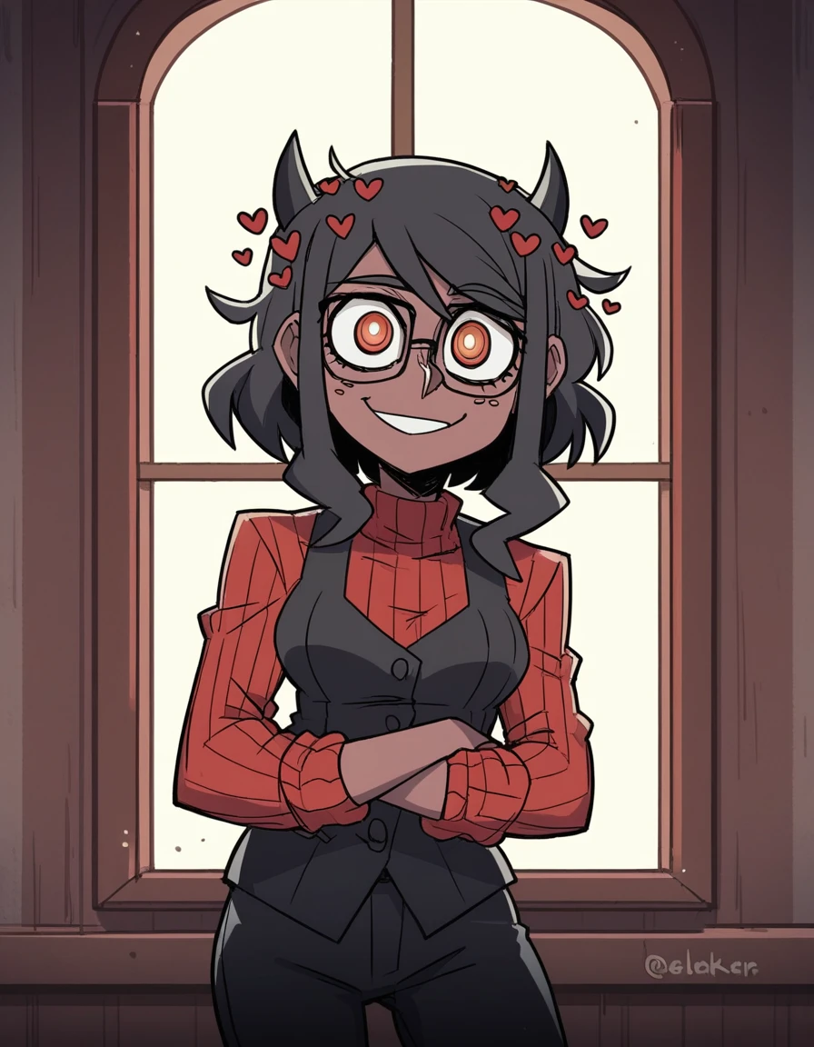 zPDXL, score_9, score_8_up, score_7_up, source_anime, 8k, absurdres, 
1girl, solo,  vanitaker, modeus \(helltaker\), Black pants, black checkered blouse, black hair with red tips, dark skin, orange eyes, black glasses, standing inside his house, smiling 