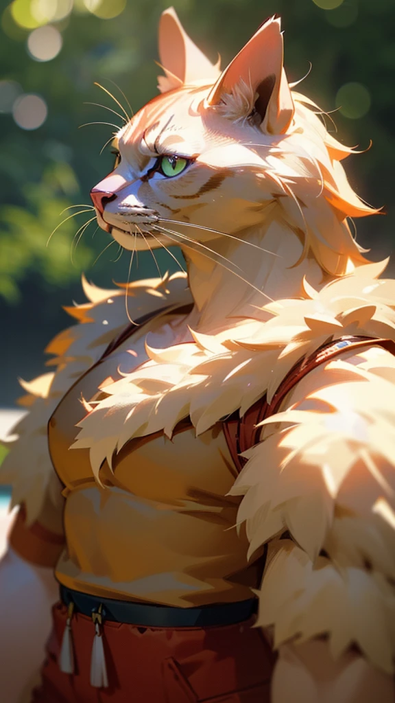 a very muscular cat, red shorts, detailed fur, vivid colors, beautiful detailed eyes, beautiful detailed nose, beautiful detailed lips, extremely detailed facial features, natural lighting, (best quality,4k,8k,highres,masterpiece:1.2),ultra-detailed,(realistic,photorealistic,photo-realistic:1.37),finely detailed,realistic fur texture,studio lighting,ultra-fine details,physically-based rendering,extreme detail description,professional,vivid colors,bokeh