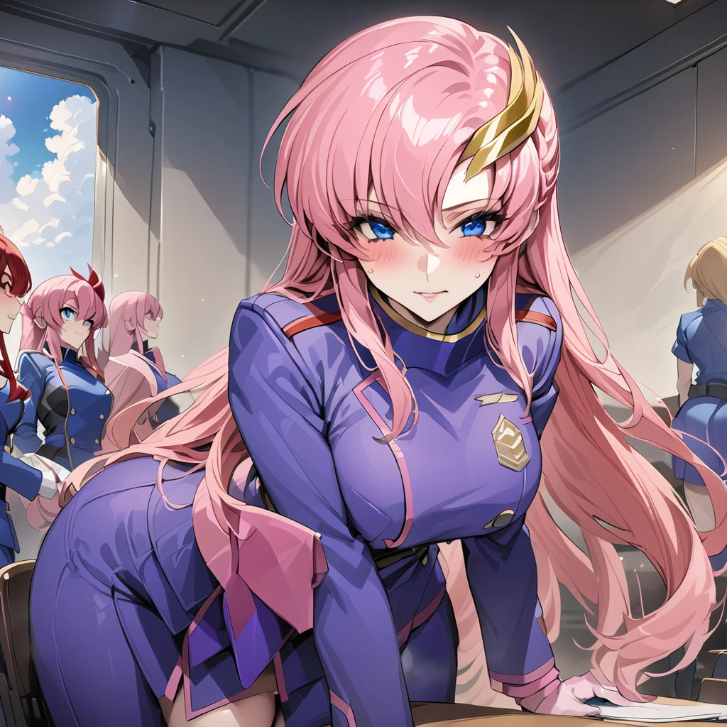 ((Highest quality)), ((masterpiece)), (detailed), （Perfect Face）、Gundam SEED、The woman is Lacus Clyne, with blue eyes, pink medium-long hair and a hair accessory.、The woman is a female officer in the Earth Federation Army and is wearing an Earth Federation Army uniform.