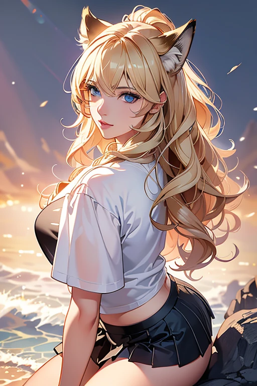 master part, best quality,  wolves, chic, 1girl, orelhas de wolves, Cauda de wolves, fluffly, Corou, Looking at Viewer, From  above, wavy blond hair, mini skirt, white and black striped t-shirt, blue colored eyes, Beautiful  eyes, beautiful background, light particles, Sun'rays, dramatic lighting, Outside, shiny, Realistic, master part, best quality, ultra detali, circunstanciado, scenecy, beautiful detailed eyes, detailed hair