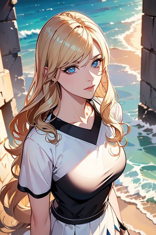 master part, best quality,  wolves, chic, 1girl, orelhas de wolves, Cauda de wolves, fluffly, Corou, Looking at Viewer, From  above, wavy blond hair, mini skirt, white and black striped t-shirt, blue colored eyes, Beautiful  eyes, beautiful background, light particles, Sun'rays, dramatic lighting, Outside, shiny, Realistic, master part, best quality, ultra detali, circunstanciado, scenecy, beautiful detailed eyes, detailed hair