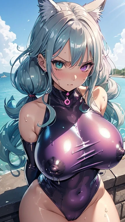 (onepiece_shinypinksexyswimsuit:1.6).(Cat Ears:1.2).(Light blue ribbon:1.2).(Twin tail curly hair:1.5).(to you:1.7).(steam:1.3).(ahegao:1.2).(Upper body only composition:1.5).(How:1.5).(nsfw:1.3).(shiny skin:1.8).(wet skin:1.5).(huge breasts:1.8).(Nipples are visible:1.5).showoff breasts:1.6).beautiful girl,最high quality、Best image quality、masterpiece、girl((18 year old top model、 By becoming、Best Bust、Tea that opened my chest wide、shining eye,((Heterochromia iridis, (右eye, blue colored 右eye iris)(左eye, gray purple colored 左eye iris), eye; Red and grey purple)), Silver Metallic Hair、Green hair color, Silver smooth shiny top model hairstyle, Straight silk bangs, Cut straight hair and bangs, Blunt bangs+Cut straight, long and smooth hair、thin,Highest valley、Black 、Shiny green short skirt、Shoulder jewellery ,Diamond Earrings、Wristband、Black gloves)),high quality、Beautiful art、background((School Area))、Flight、Flying debris、Written boundary depth、movie、Visual Arts、Perfect art、8k,Genuine、Dynamic Performance