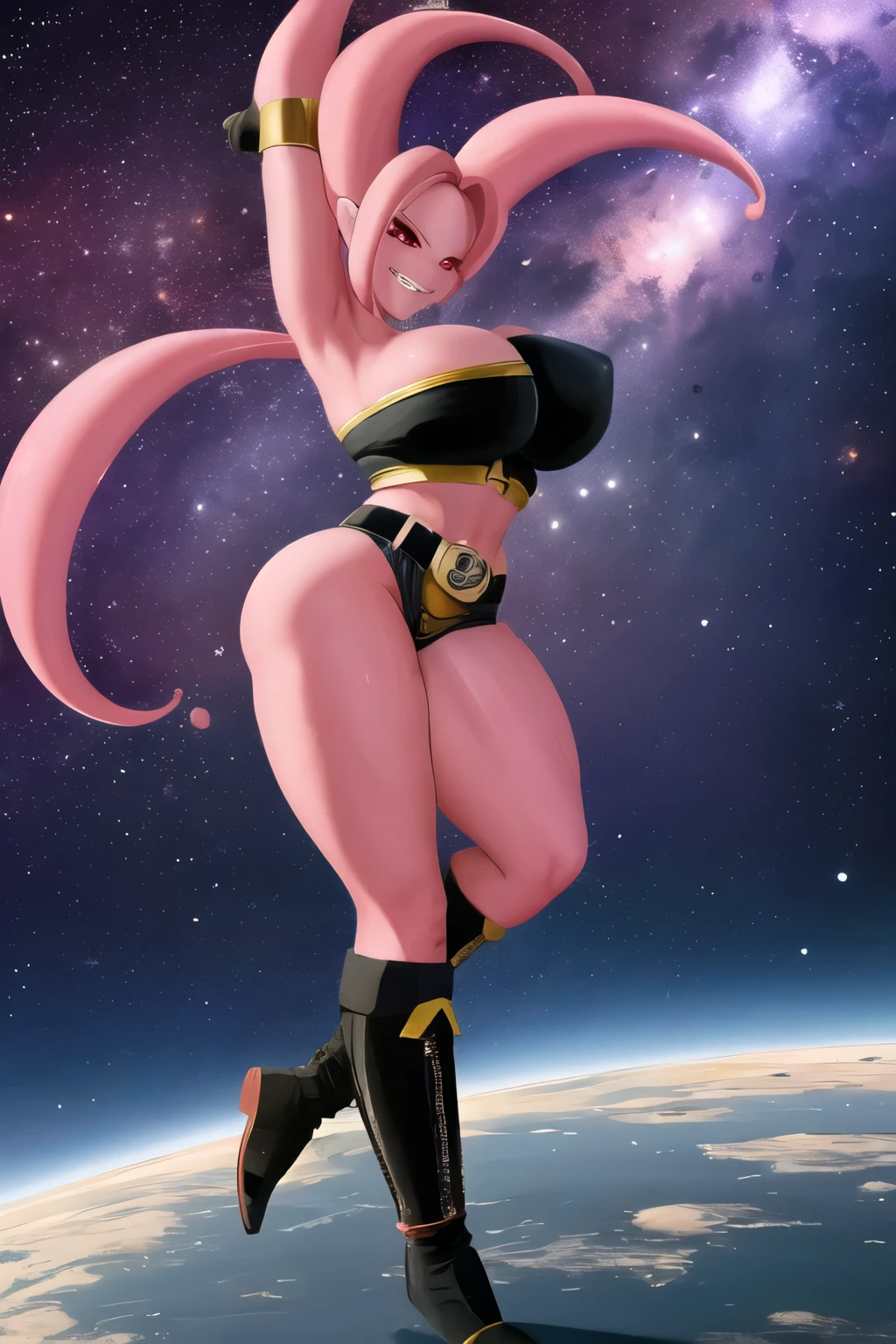 Fmajin,(pink skin:1.1),pink tentacle hair,smiling,(black sclera:1.2),red red eyes,tentacle hair,round ears,
tight booty shorts,belt,black tube top,midriff, large breasts, huge breasts, perfectly round and full breasts, cleavage,bare shoulders,alien,M,shouler holes,
standing,no nose,
stars,space,milky way,
(insanely detailed, beautiful detailed face, masterpiece, best quality),solo,