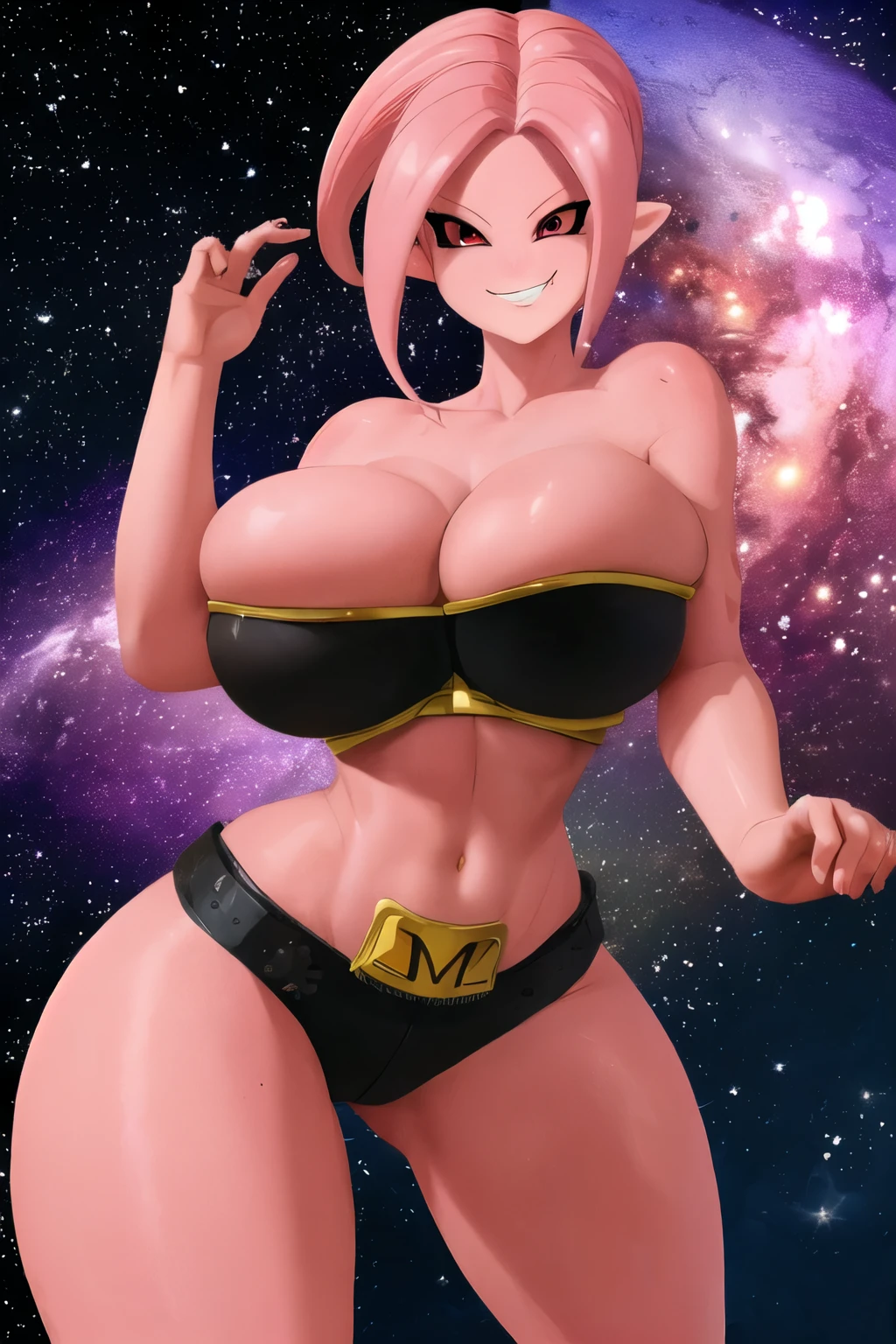 Fmajin,(pink skin:1.1),pink tentacle hair,smiling,(black sclera:1.2),red red eyes,tentacle hair,round ears,
tight booty shorts,belt,black tube top,midriff, large breasts, huge breasts, perfectly round and full breasts, cleavage,bare shoulders,alien,M,shouler holes,
standing,no nose,
stars,space,milky way,
(insanely detailed, beautiful detailed face, masterpiece, best quality),solo,