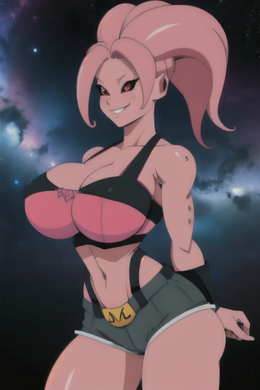 Fmajin,(pink skin:1.1),pink tentacle hair,smiling,(black sclera:1.2),red red eyes,tentacle hair,round ears,
tight booty shorts,belt,black tube top,midriff, large breasts, huge breasts, perfectly round and full breasts, cleavage,bare shoulders,alien,M,shouler holes,
standing,no nose,
stars,space,milky way,
(insanely detailed, beautiful detailed face, masterpiece, best quality),solo,