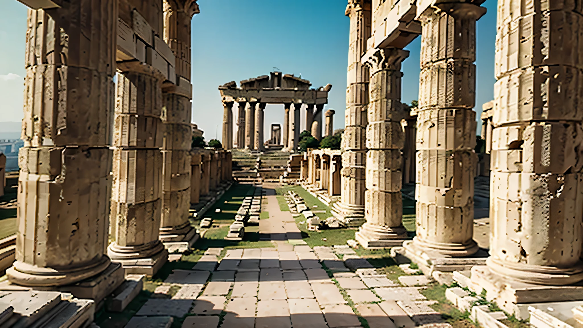 An ancient Greek cityscape with faded parchment texture, showing the majestic ruins of Olympia. Include worn columns, partially ruined temples, and a distant view of the stadium, all depicted in a sepia-toned, artistic style.