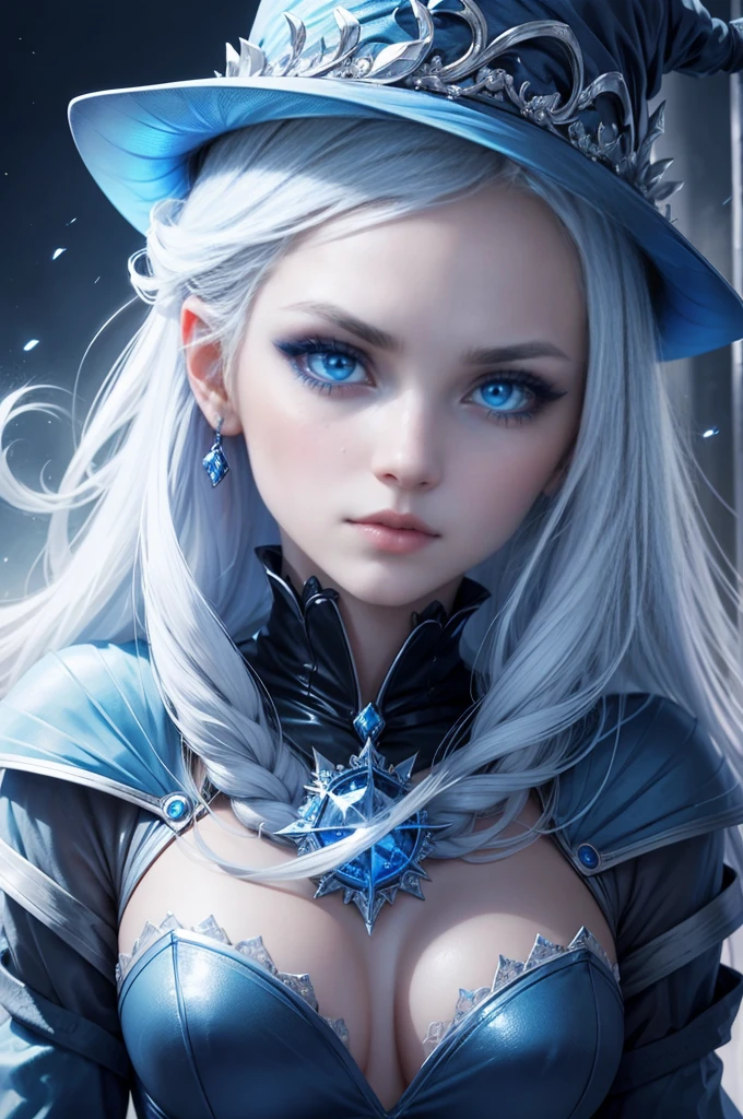 An extremely beautyful ice witch, perfect mesmerizing blue eyes, looking to the camera, close up