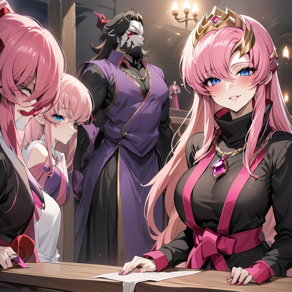 ((Highest quality)), ((masterpiece)), (detailed), （Perfect Face）、The beautiful and seductive woman is Lacus Clyne, the wife of the leader of the evil god cult, the saint of darkness, and has blue eyes, pink hair, medium-long hair, and a gorgeous and delicately detailed masochism.々An evil shrine maiden wearing a beautiful black evil shrine maiden outfit, an evil shrine maiden necklace, evil accessories, a gorgeous evil shrine maiden head chain tiara, and an engagement ring.、The woman is the wife of a middle-aged, bearded cult leader who is revered by a mysterious cult of evil gods.、A loving couple is worshipped by a mysterious cult leader dressed in the luxurious clothing of a cult leader of an evil god, and is loved and caressed all over the body by the cult leader at the altar of the cult of an evil god.