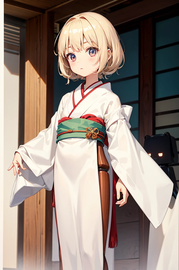 Wooden Humanoid Robot,Wood grain body,child女に似せて作られた,wear the kimono,child,児,Small,Illustrated,((Hand out a towel)),zoom in, body is puppet