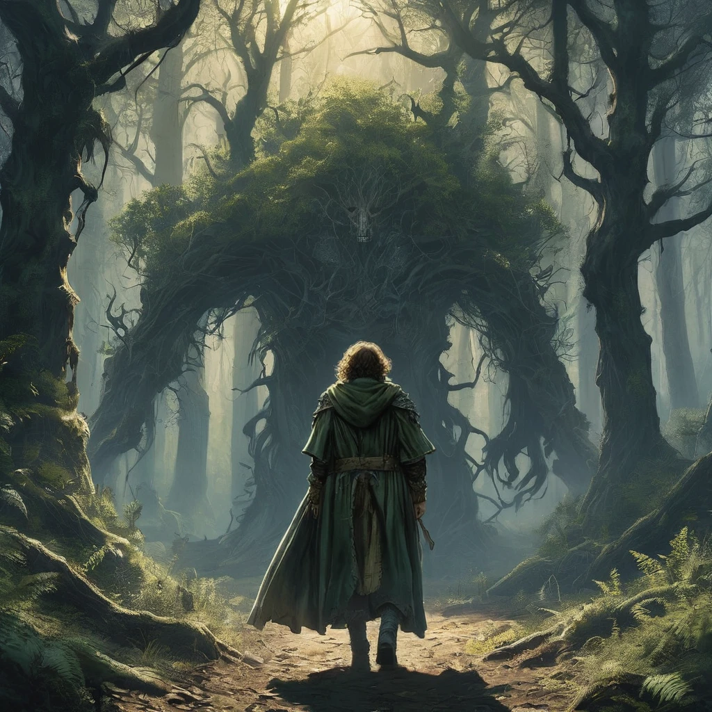 A back view of a curly brown-haired boy walks cautiously through a dark, foreboding forest in the afternoon. The dense canopy overhead allows only slivers of sunlight to pierce through, casting eerie shadows on the forest floor. The boy, dressed in ragged medieval clothing. The twisted trees loom ominously around him, their gnarled branches resembling grasping hands. In the distance, faint whispers and the rustling of unseen creatures heighten the sense of danger and mystery in this medieval dark fantasy setting.
