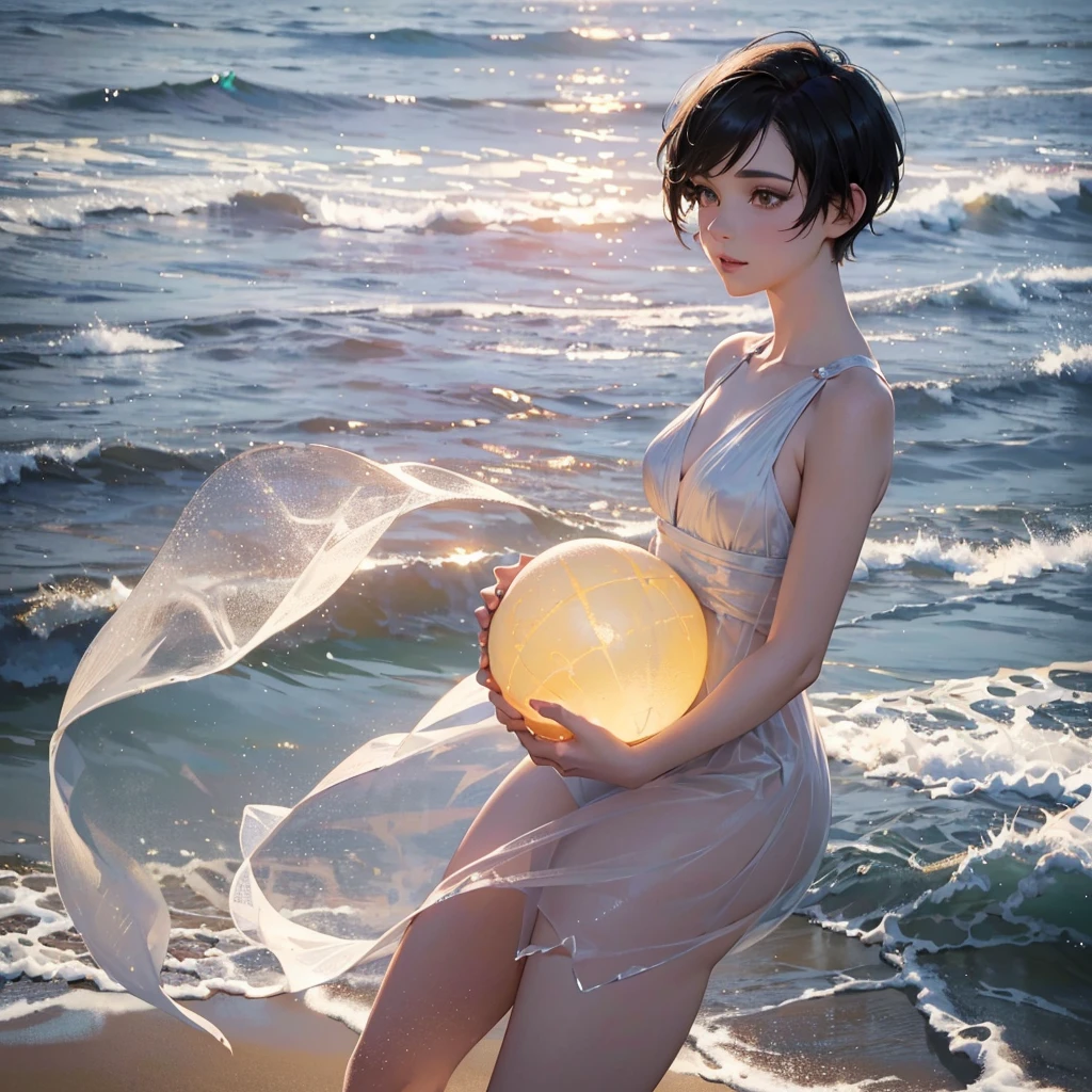 1 woman, black pixie cut hair, alternative hairstyle, pale skin, delicate feminine mouth, small amber eyes, on the beach, céu estrelado, lua cheia, (best quality,4k,8k,highres,masterpiece:1.2),ultra-detailed,(realistic,photorealistic,photo-realistic:1.37),portraits,fantasy,magic,vibrant colors,cinematic lighting