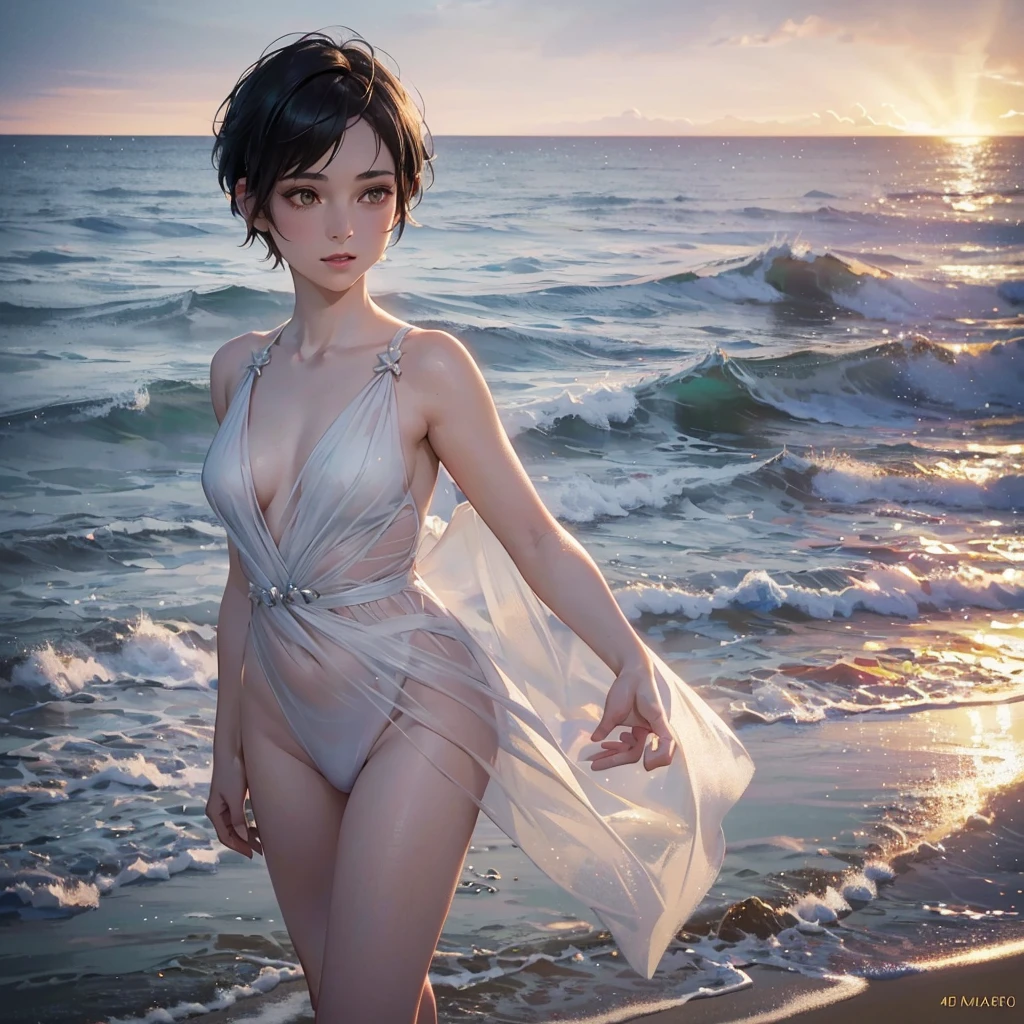 1 woman, black pixie cut hair, alternative hairstyle, pale skin, delicate feminine mouth, small amber eyes, on the beach, céu estrelado, lua cheia, (best quality,4k,8k,highres,masterpiece:1.2),ultra-detailed,(realistic,photorealistic,photo-realistic:1.37),portraits,fantasy,magic,vibrant colors,cinematic lighting