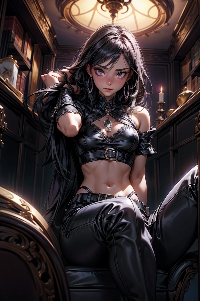 BDSM, In her right hand she is holding a BDSM whip, Inviting sexy look, Fascinating表情の詳細: 1.4): 0.4], 16K resolution, 4K resolution, (Perfect flat stomach), (Color images), break I. Outfigant, Fascinating, fitted latex corset, Tight latex pants, spouse, fall back, Deep neckline, A belt decorated with mystical symbols, High heel boots, Black and Silver Jewelry. Ⅱ. venue: Gothic castle, Dark and mysterious atmosphere, Dim lighting with chandeliers, A library filled with old magic books, A mirror bordered with magical motifs, Scented candles, Mysterious fog floating in the air. ⅡI. Decoration: Gothic atmosphere, Dim lighting with purple and blue lights, Sleek furniture with black and silver accents, Black velvet curtains, Mirror decorated with magical motifs, Lavender scented candles, break, View your viewers, masterpiece, Highest quality, Very detailed, desire, blush, (Beautifully detailed eye depiction), (Beautiful and elaborate face), Perfect female body, (Highest quality), (Ultra-detailed), (Masseter muscle area), (High resolution), (original), (Very detailed CG Unity 8K 壁紙