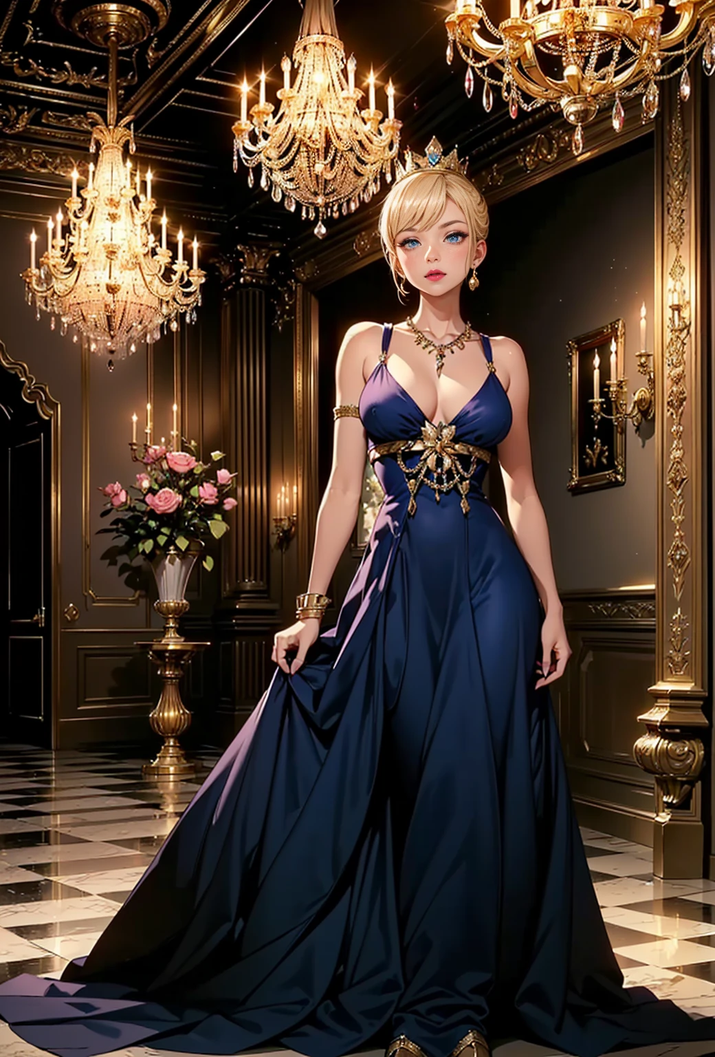 ((1woman, (solo, 1girl, alone), kohaku, blonde hair, blue eyes, tied hair)), smug, ((solo, (1woman, pink lipstick), Extremely detailed, ambient soft lighting, 4k, perfect eyes, a perfect face, perfect lighting, a 1girl)), austere, ((princess, queen, empress, luxurious dress, puffy dress, victorian dress, queen dress, palace, chandeliers, palace of versailles, fine jewelry))