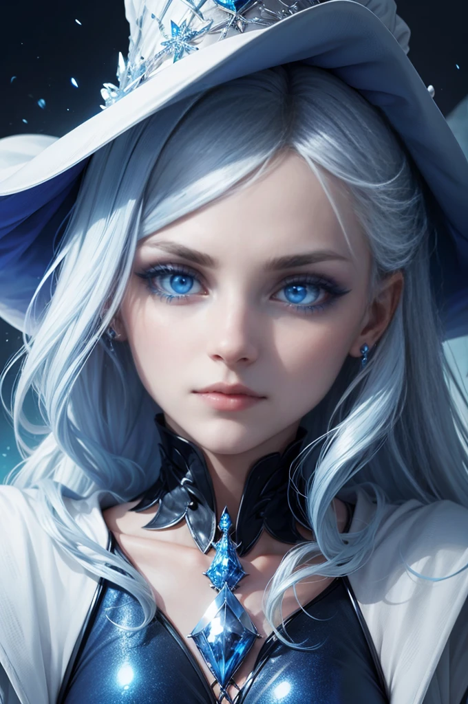 An extremely beautyful ice witch, perfect mesmerizing blue eyes, looking to the camera, close up