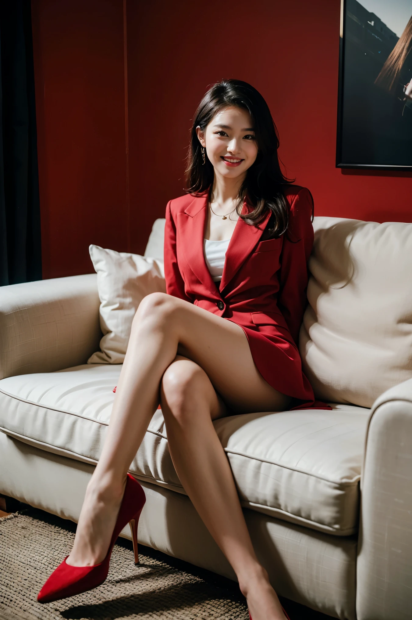 Highest quality, masterpiece, Realistic, High resolution., 8k　RAW Photos,alone, One girl, 30 years old、Sitting cross-legged on sofa、smile、Look at me、suit、Red High Heels