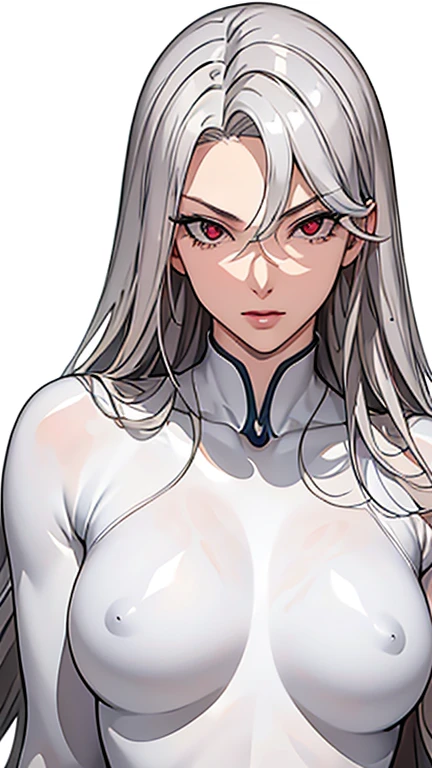 (masterpiece, highest quality, super detailed, High resolution, figure:0.8), highly detailed wallpaper, official art, wonderful, high detail, super detailed, Highly detailed 8K wallpaper,closed upper body, bright silver hair, Red eyes with long slit pupils, (white background: 1.3), (1 girl, alone),(transparent bodysuit),sexy,perfect anatomy,beautiful face,small breasts, bright,