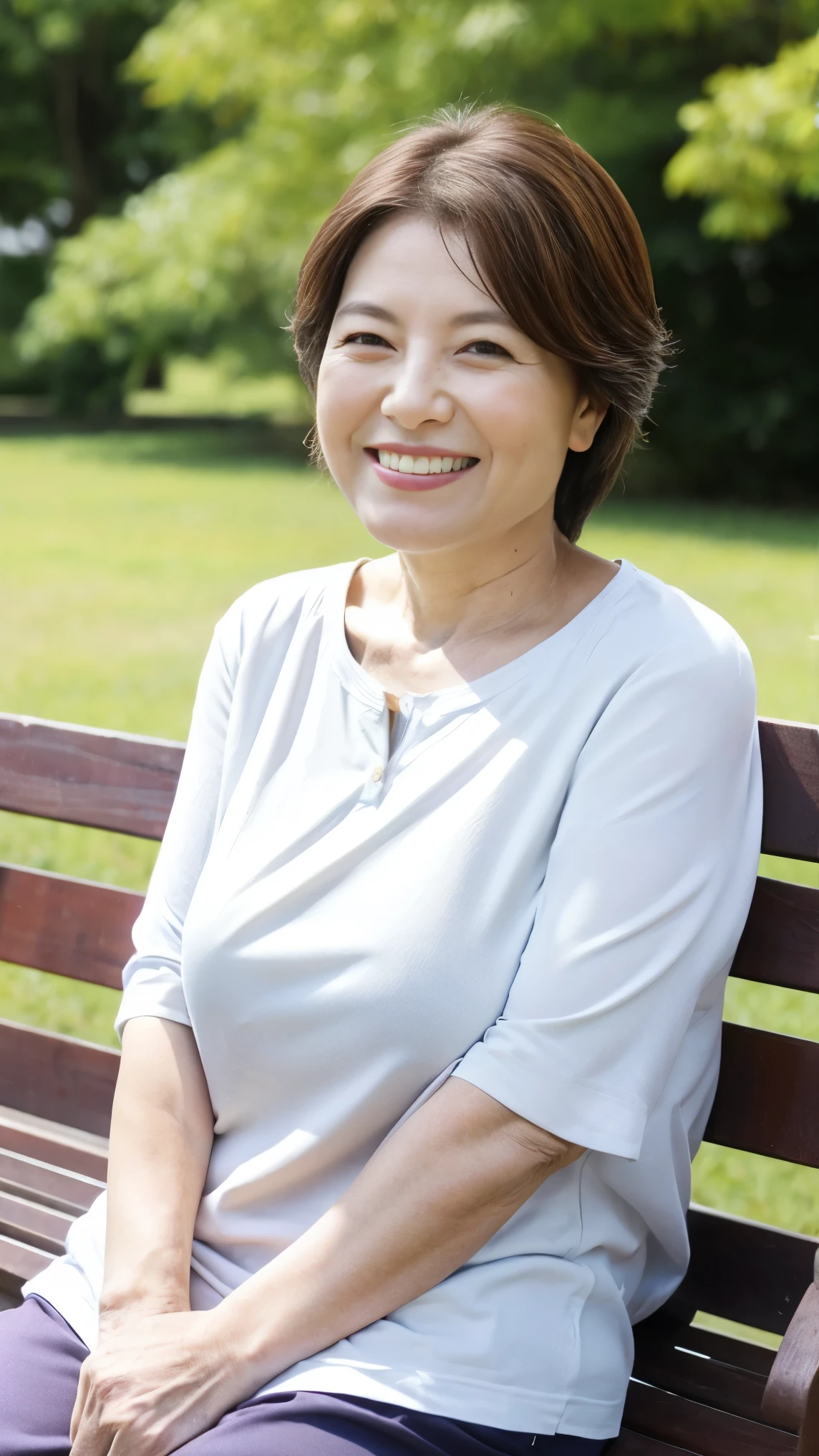 Sitting on a park bench, Wrinkles around the eyes, Smiling with teeth showing, Plain short-sleeved clothing, senior citizen, Draw lips correctly, Red lipstick, No discomfort, 16K, Highest quality, Very detailed, Realistic, Very detailed肌, (Japanese), (alone), 60 years old, Large Breasts, , Glamour, sexy, Chromo White Skin, Staring straight ahead,