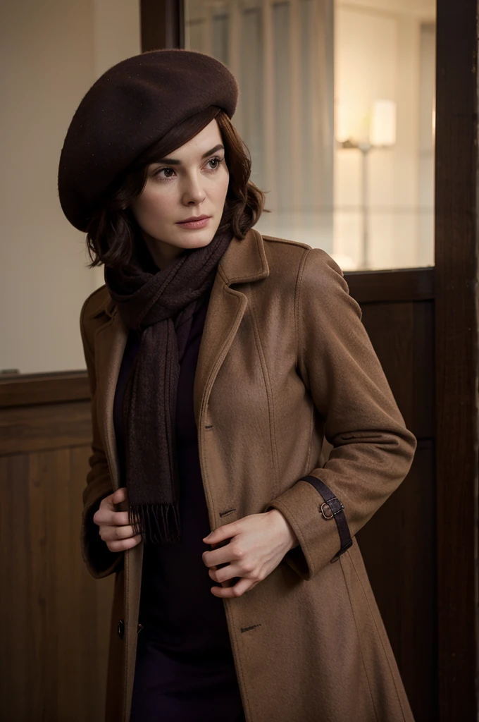 Michelle Dockery, short brown hair, beret, brown overcoat, purple dress, Red scarf.