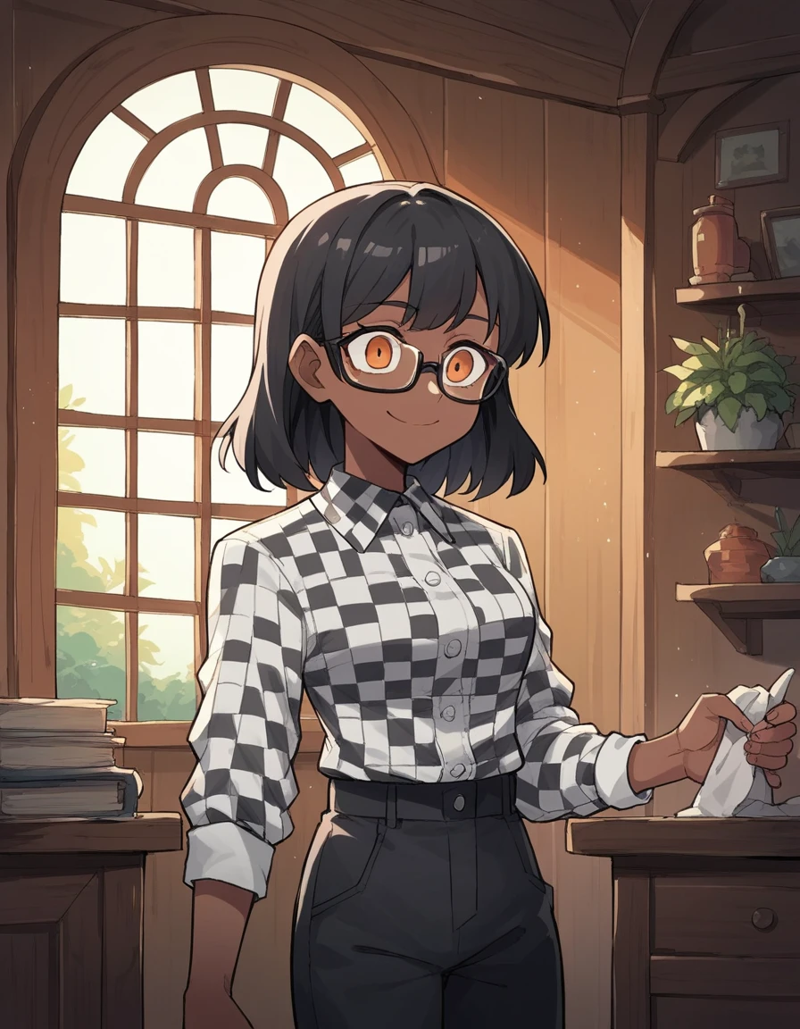 zPDXL, score_9, score_8_up, score_7_up, source_anime, 8k, absurdres, 
1girl, solo, Black pants, white checkered blouse, black hair with red tips, dark skin, orange eyes, black glasses, standing inside his house, smiling 