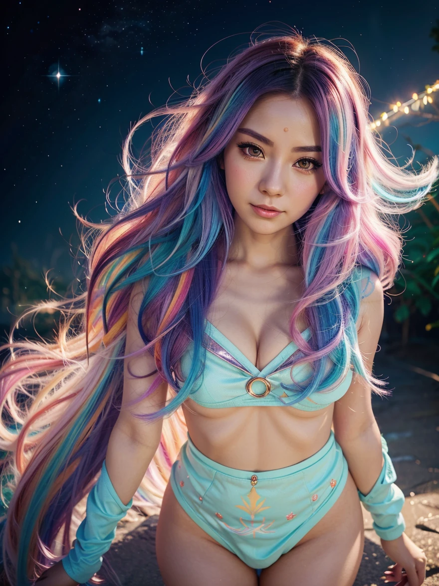 Close-up of a woman with colorful hair and ring, anime girl with cosmic hair, Rossdraws' soft vibrancy, Gouviz-style artwork, fantasy art style, colorful], vibrant fantasy style, Rossdraws cartoon full of energy, cosmic and colorful, Guweiz, colorful digital fantasy art, stunning art style, beautiful anime style, white skin, night coat,