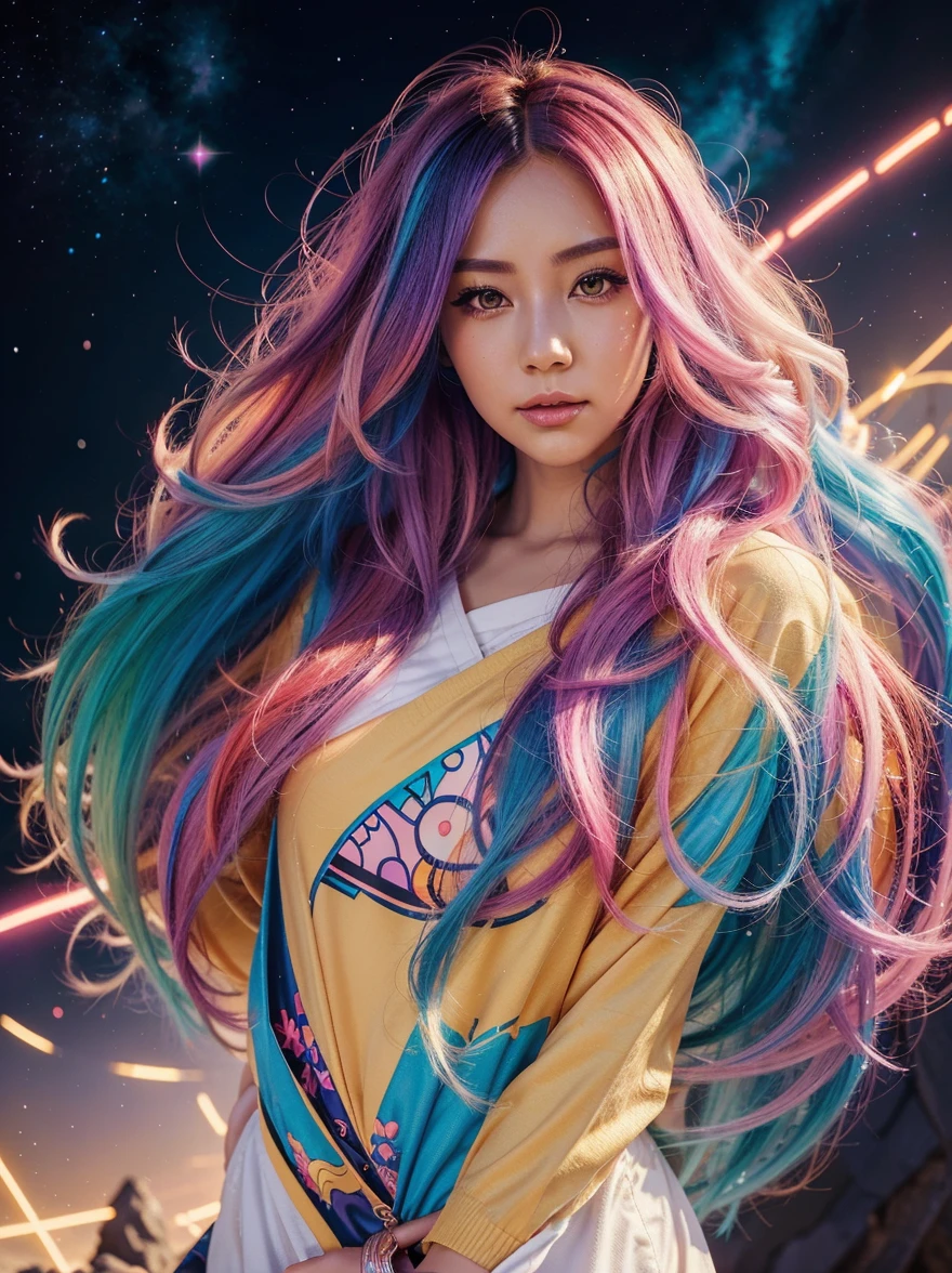 Close-up of a woman with colorful hair and ring, anime girl with cosmic hair, Rossdraws' soft vibrancy, Gouviz-style artwork, fantasy art style, colorful], vibrant fantasy style, Rossdraws cartoon full of energy, cosmic and colorful, Guweiz, colorful digital fantasy art, stunning art style, beautiful anime style, white skin, night coat,