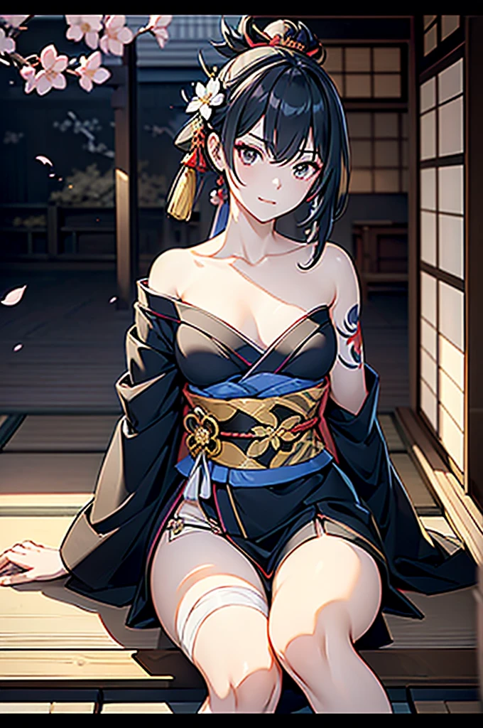 ((roll up bandage sideways on a chest tightly to cover the chest without gaps)), bandage samweways, the bantage is no chest shape, flat chest, ((Japanese Gangster BOSS)), adult woman with the dignified presence, Killing Qi, wear nothing around shoulder, wear nothing around neck, wear the kimono, wear it below the waist, (I wind it up to control it, and to attach it), ((kimono come off)) ,wear the kimono multiple times, Bare shoulders and the clavicle, black and gold kimono, put on over jacket of kimono, (holding a japanese sword which shine in purple, The handole of the sword is black, and the blade is gray, long sword), eye fire, low angle, whole body, bandage is seen, anime character, Glaring, off sholder, nappropriate smile, Excellent, black blue hair, can see both shoulder, long hem, small face, ((some cherry blossam big tattoo on the arm)),((Sitting in the head seat of the mansion)), ((background Japanese gate with crow symbol))
