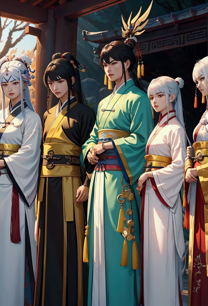 a close up of a group of people standing next to each other, game cg, xianxia fantasy, chinese fantasy, full body wuxia, chinese mmorpg, xianxia hero, korean mmo, wuxia, dynasty warriors, g liulian art style, mmorpg, by Ren Renfa, inspired by Pu Hua, mmorpg fantasy