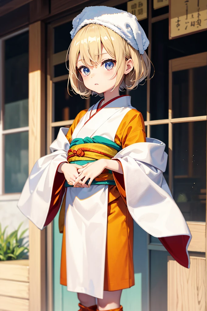 Wooden Humanoid Puppet,Wood grain body,child女に似せて作られた,wear the kimono,child,児,Small,Illustrated,((Hand out a towel)),zoom in, body is doll