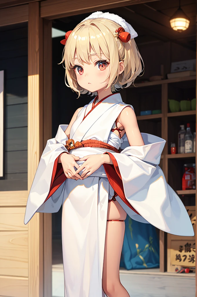 Wooden Humanoid Puppet,Wood grain body,child女に似せて作られた,wear the kimono,child,児,Small,Illustrated,((Hand out a towel)),zoom in, body is doll