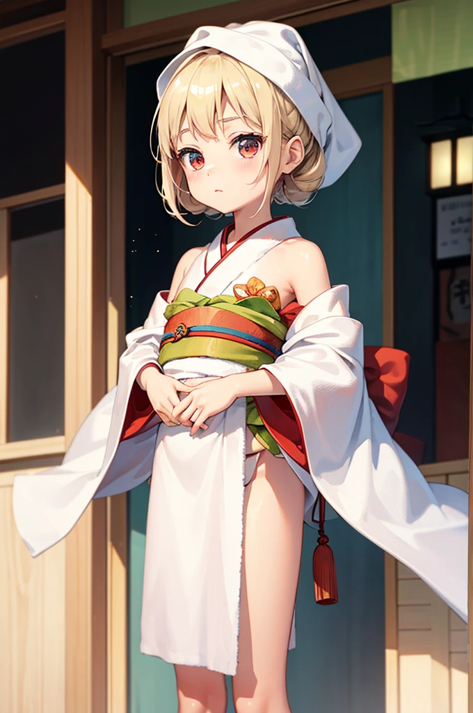 Wooden Humanoid Puppet,Wood grain body,child女に似せて作られた,wear the kimono,child,児,Small,Illustrated,((Hand out a towel)),zoom in, body is doll