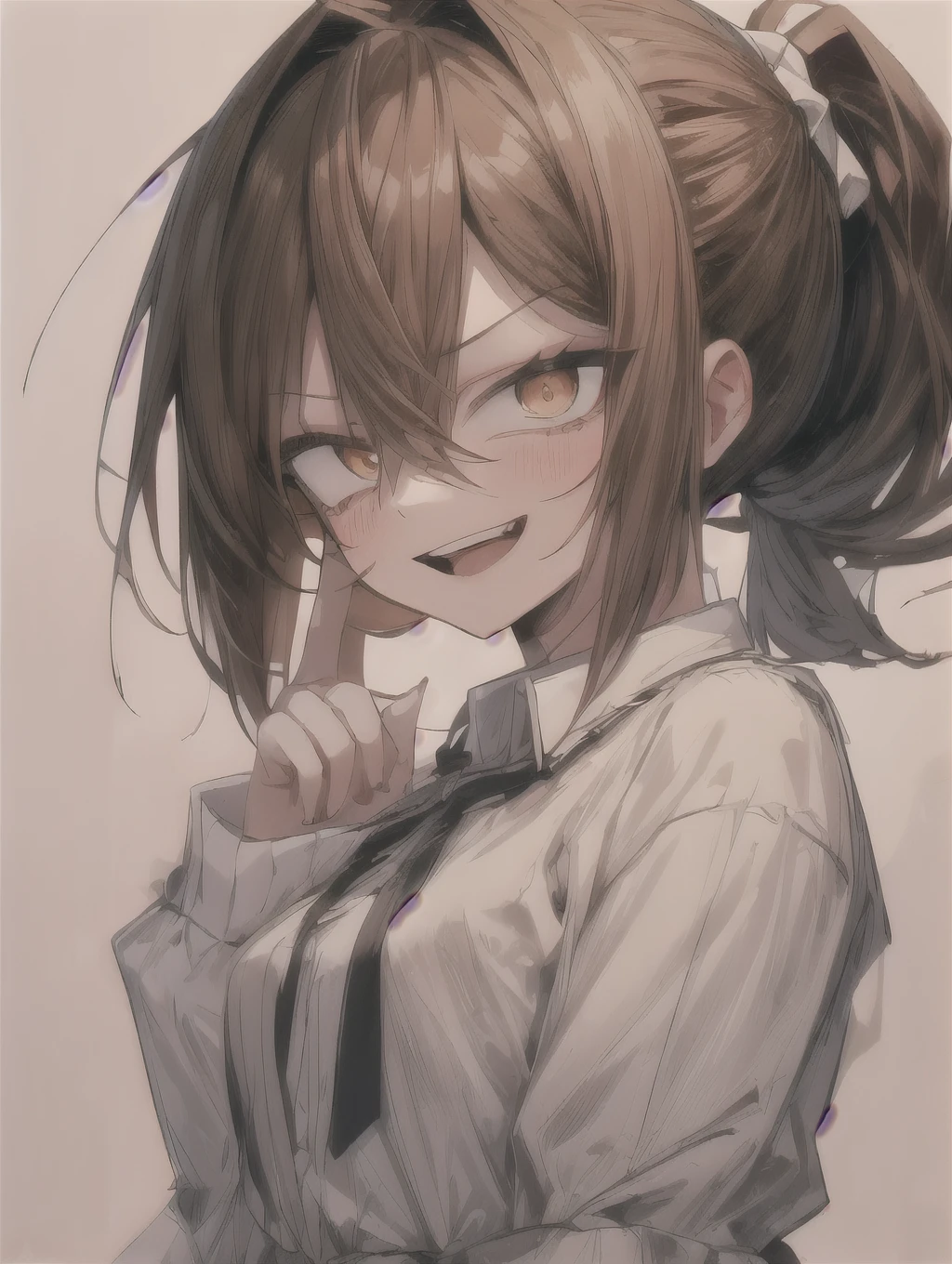 Glaring and laughing！(masterpiece, high quality:1.4), break,
One girl, , alone,(Medium Hair:1.2), (Low Ponytail:1.25), Brown Hair, Hair between the eyes, Tight waist, Brown eyes, break,
White shirt