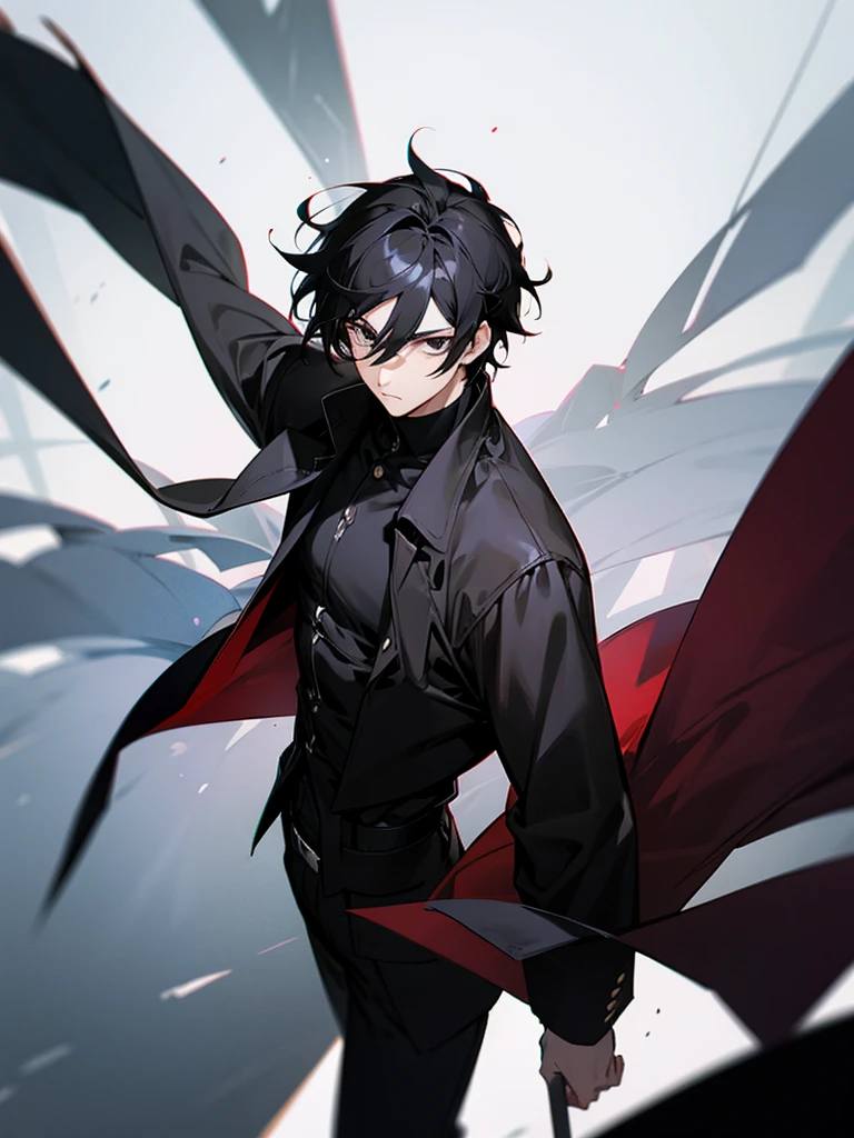 Male character with black hair and black clothes and black eyes