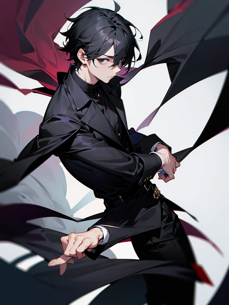 Male character with black hair and black clothes and black eyes